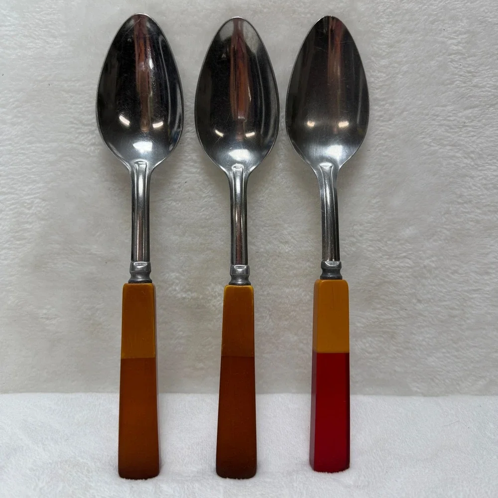 Vintage Mid Century Spoons Mixed Color Two Tone Bakelite Handles Set‎ 3